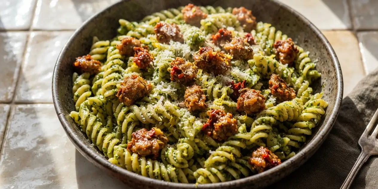 Sausage Fusilli with Spinach and Garlic Sauce