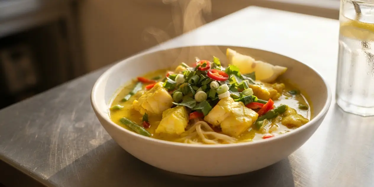 Thai Yellow Curry Fish with Rice Noodles