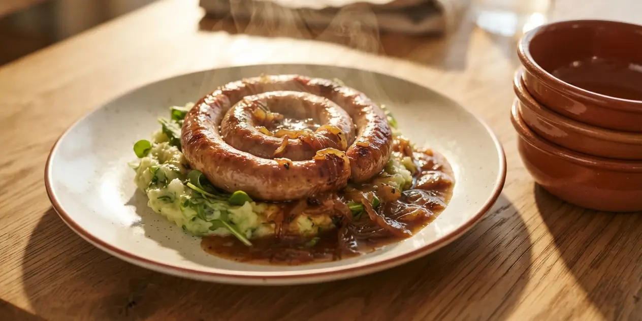 Spiral Pork Sausage with Rocket Mash